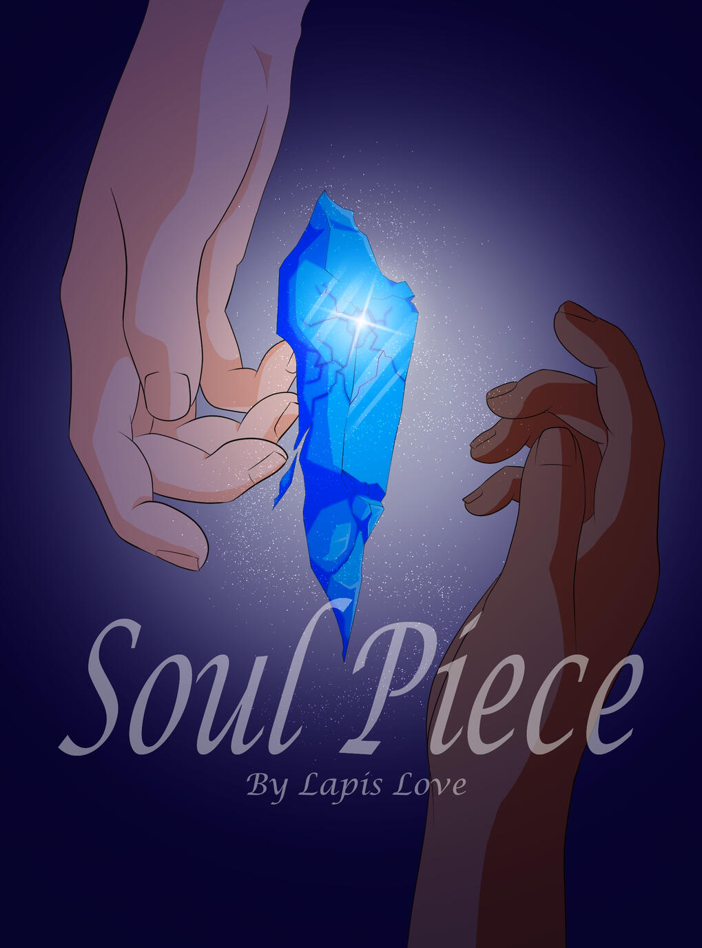 Soul Piece cover Two hands reaching from opposing ends of the image towards a glowing shard